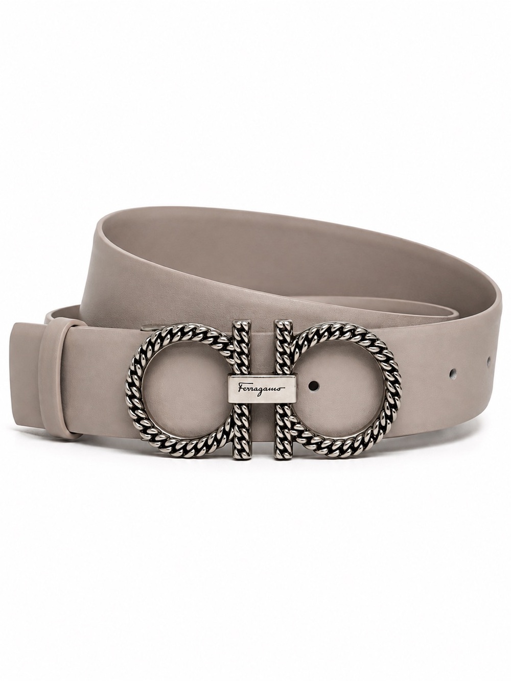 Salvatore Ferragamo Gray Leather Belt with Silver Double Gancini Buckle